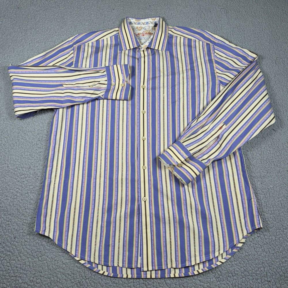 Robert Graham Shirt Mens XL Beige Purple Striped‎ Flip Cuff Button Up Designer